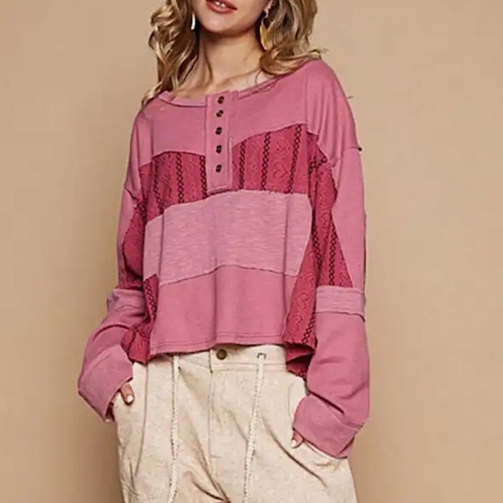 POL Pink Patchwork Cropped Henley Sweatshirt